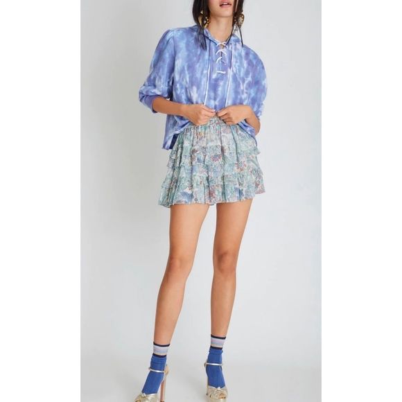 LoveShackFancy Benicia Layered Tiered Chiffon Ruffle Mini Skirt Mystical Foliage - Picture 4 of 12